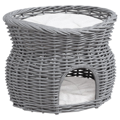 PawHut 2-Tier Wicker Cat House Elevated Pet Bed Basket Willow Kitten Tower Pet Den. with Washable Cushions 56x37x40cm Grey 