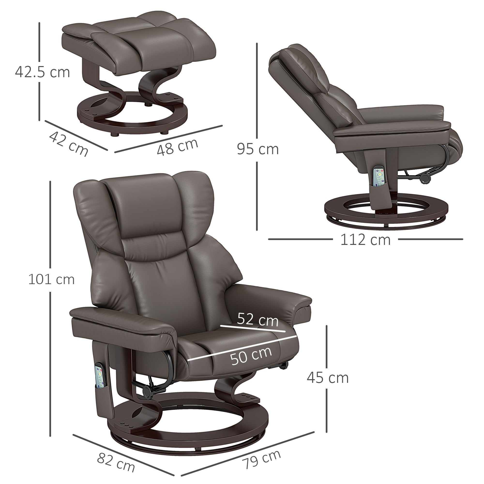 HOMCOM Massage Recliner Chair with Footstool, Upholstered Reclining Armchair with Adjustable Backrest, Steel Frame and Wood Base, Swivel Chair for Living Room, Bedroom, Brown 