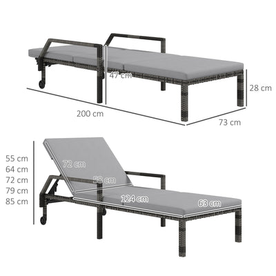 Outsunny Outdoor Sun Lounger, Rattan Wicker Chaise Recliner with 5-Level Adjustable Backrest and 2 Wheels 