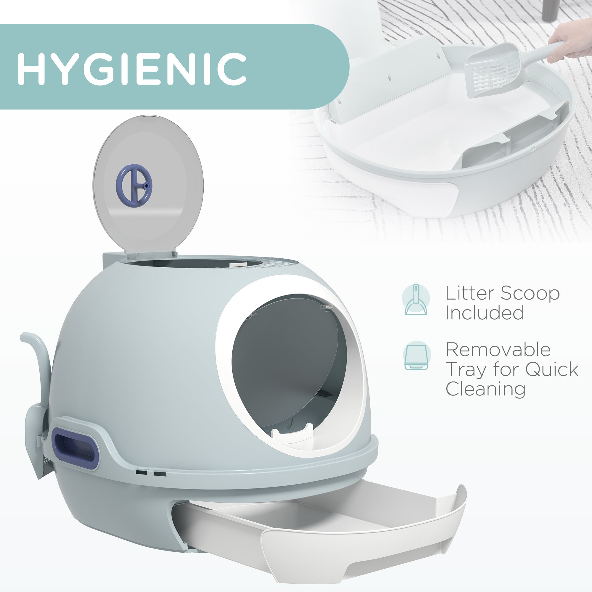 PawHut Cat Litter Box Toilet with Litter Scoop Enclosed Drawer, Front Entry Top Exit, Easy To Clean Blue 
