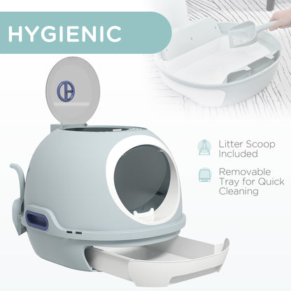PawHut Cat Litter Box Toilet with Litter Scoop Enclosed Drawer, Front Entry Top Exit, Easy To Clean Blue 