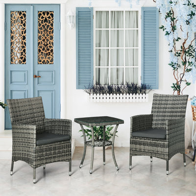 Outsunny 3 Pieces Rattan Bistro Set, Wicker Garden Furniture Set with 2-Tier Coffee Table and Chairs, Washable Cushions, for Outdoor Patio Balcony, Mixed Grey 