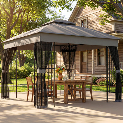 Outsunny 3 x 3 m Outdoor Garden Gazebo with Post Shelves, UPF50+ Double Roof Patio Permanent Pavilion, Grey 