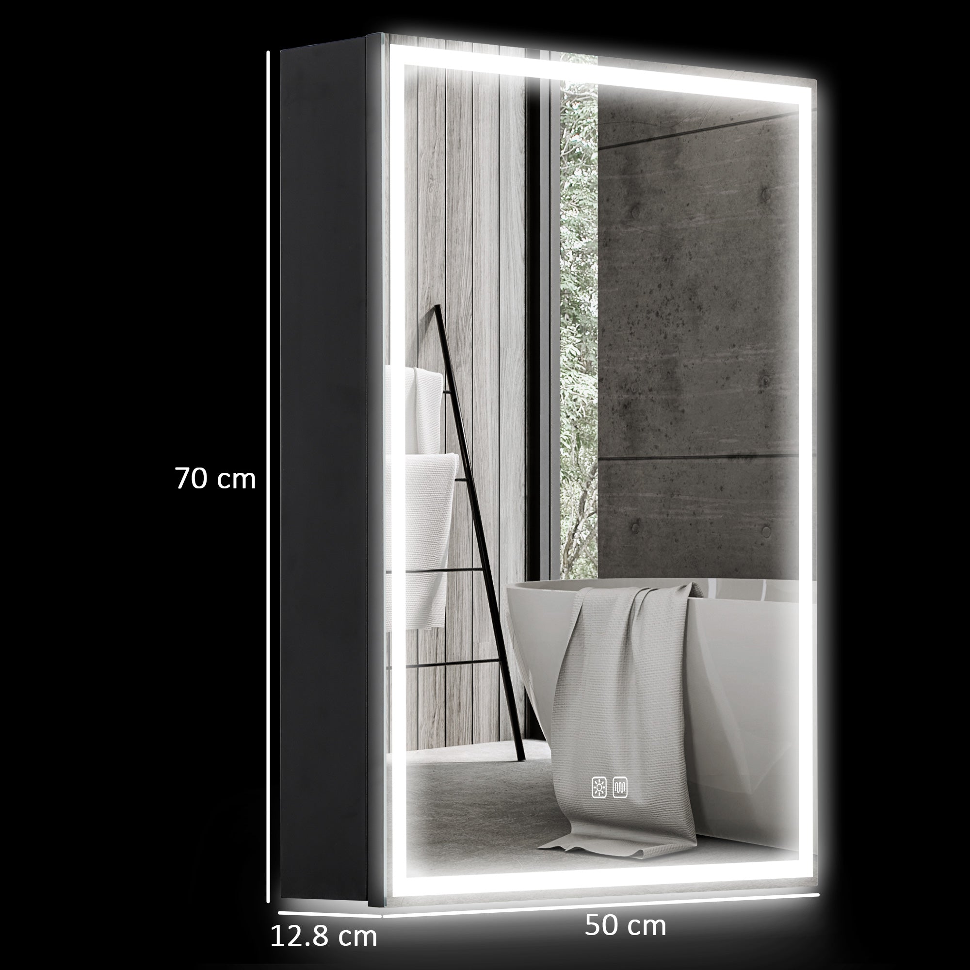 HOMCOM Bathroom Mirror Cabinet with LED Lights and Shaver Socket, 500 x 700 mm Wall Mounted Bathroom Cabinet with Mirror, Demister Pad, Dimmer, 3 Colours, Medicine Cabinet, Black