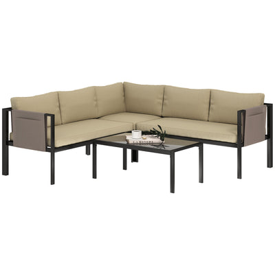 Outsunny 5 Seater Garden Corner Sofa Set, 4 Pieces Metal Garden Furniture Set with Loveseats, Glass Top Coffee Table, Breathable Mesh Pocket, Outdoor Conversation Furniture with Cushions, Khaki 