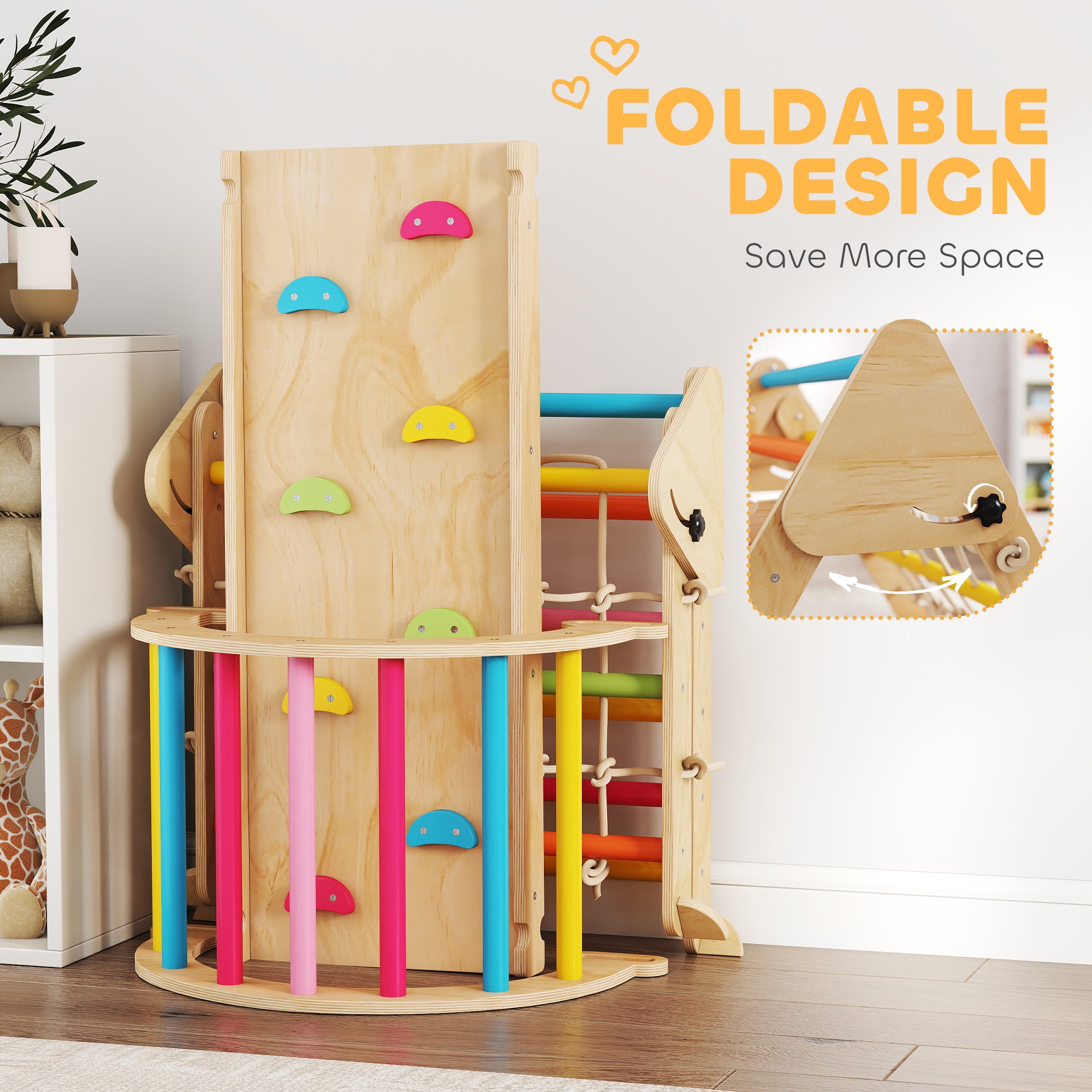 AIYAPLAY 8-in-1 Toddler Climbing Frame, Indoor Play Triangle Set with Slide, Arch and Triangle Ladder, Multicolour 