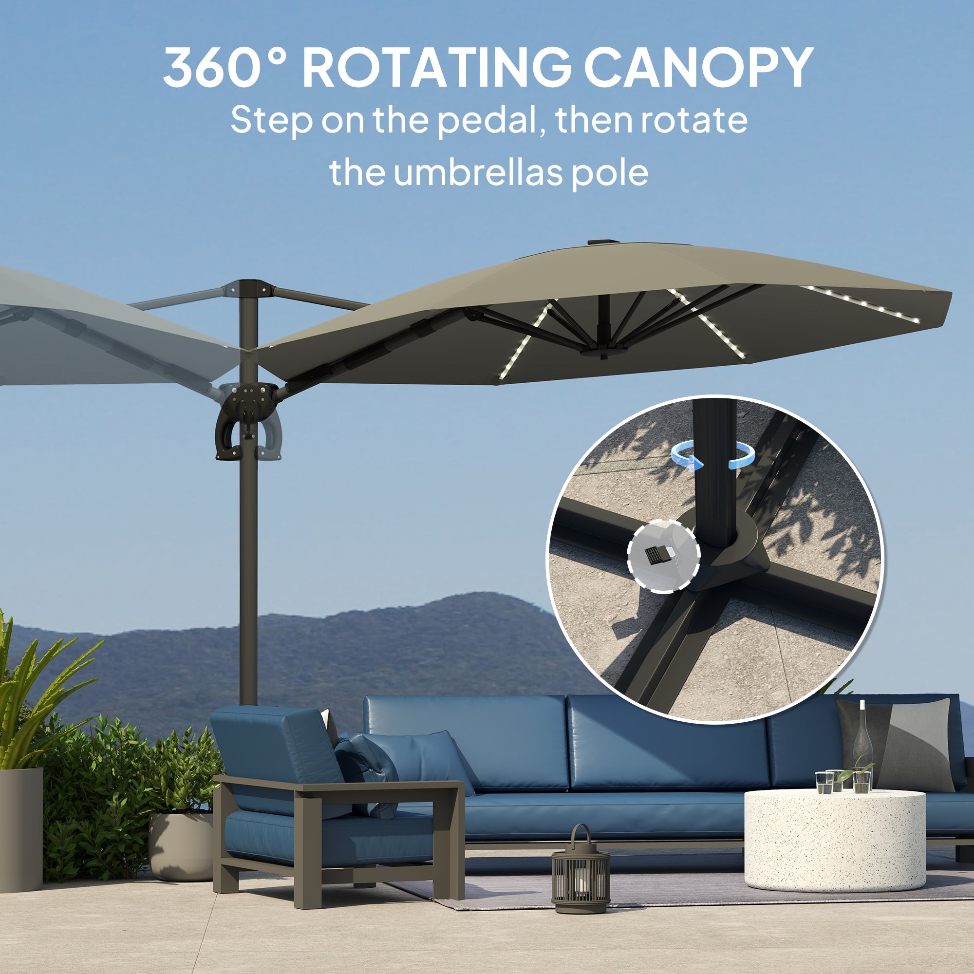 Outsunny 3(m) Cantilever Garden Parasol with Solar Powered Lights, Crank Handle & Cross Base, UPF 50+, 360° Rotation, Dark Grey 