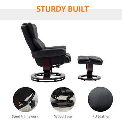 HOMCOM Faux Leather Recliner Chair and Footstool, Swivel Upholstered Armchair and Footstool with Adjustable Backrest, Solid Wood Base for Living Room, Black 