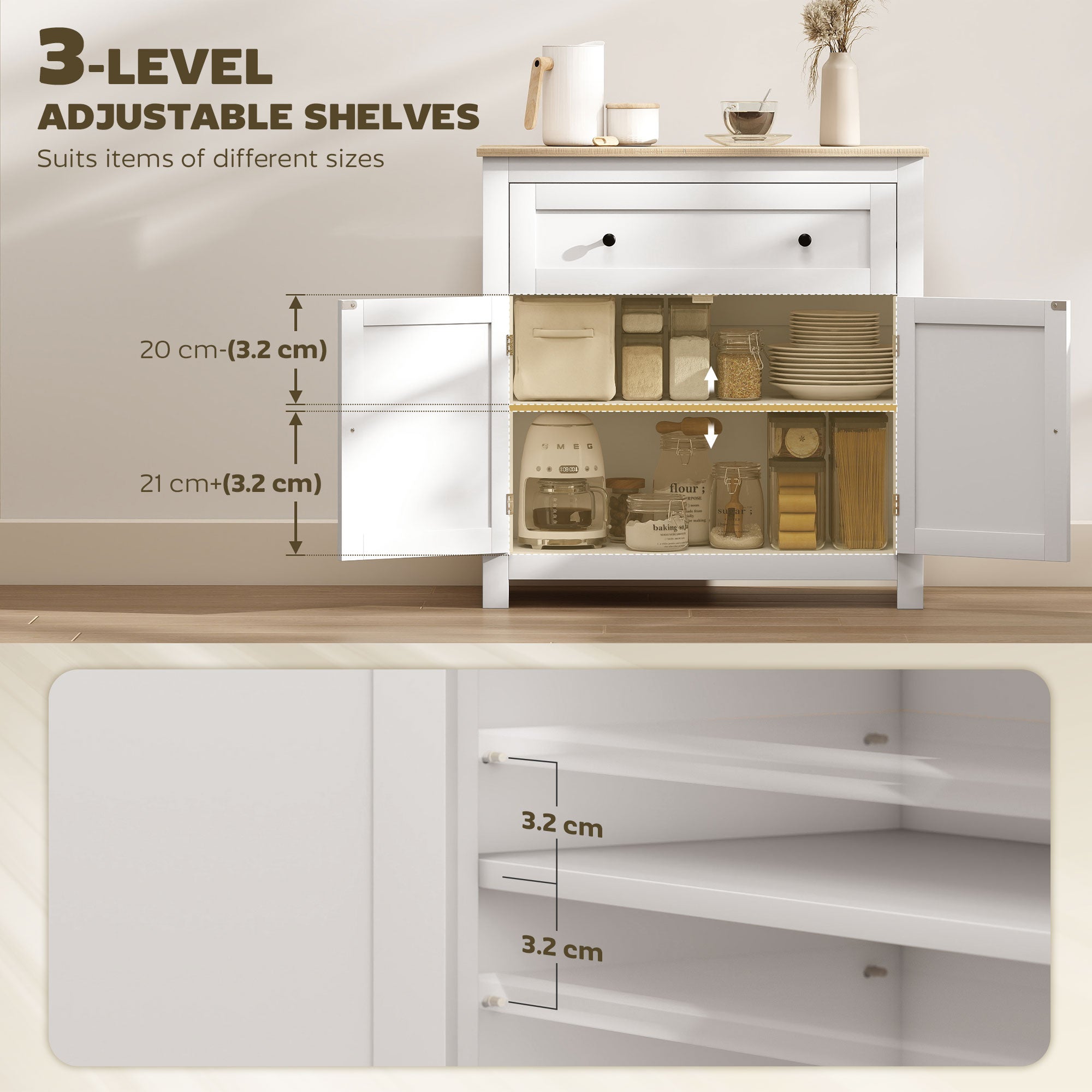 HOMCOM Sideboard Storage Cabinet, Morden Kitchen Cupboard with Adjustable Shelf, Drawer and Double Doors, Sideboard for Living Room, Dining Room, Hallway, White