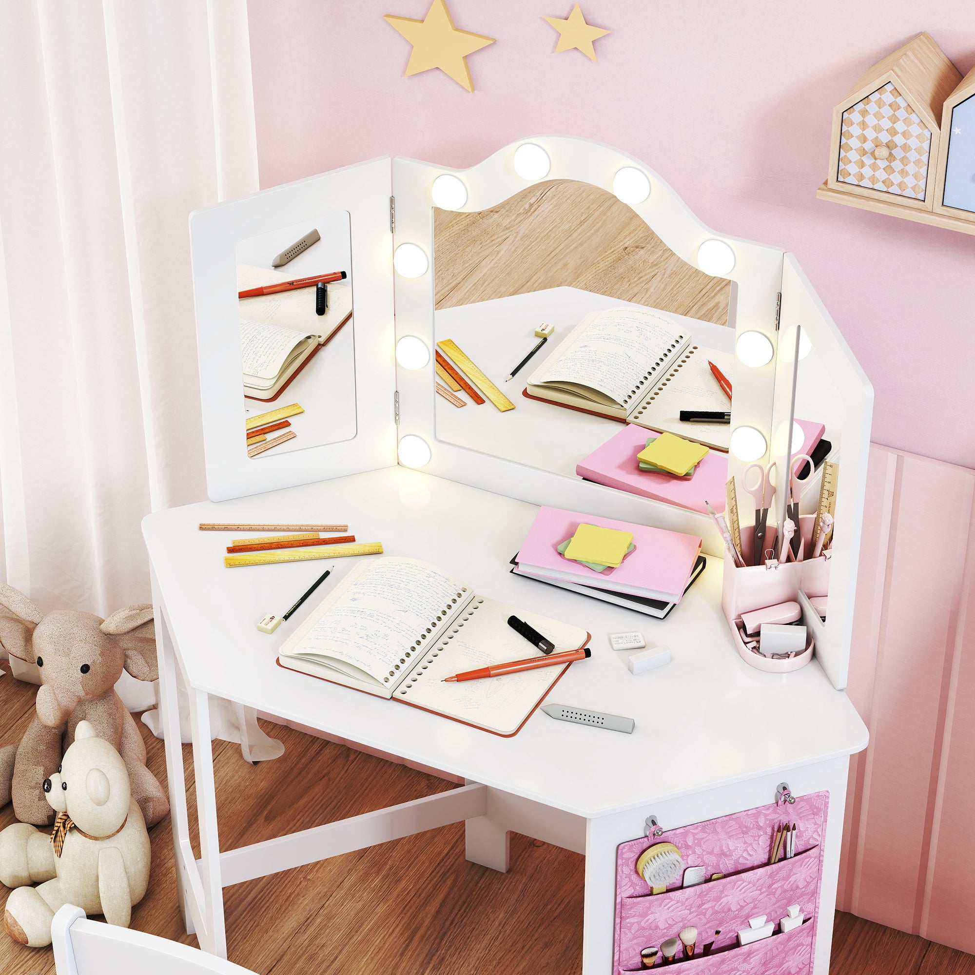 AIYAPLAY Kids Dressing Table and Stool Set, Girls Vanity Table with 2-Colour LED Lights, Tri-Folding Mirror, White 