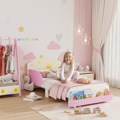 AIYAPLAY Toddler Bed with Storage, Guardrails, Sun Design, for Ages 3-8 Years, Fits 140 x 70cm Mattress, 