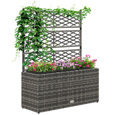 Outsunny 33L Garden PE Rattan Planter with Trellis, Free Standing Flower Raised Bed for Garden, Garden Planter for Climbing Plants, 84cm x 30cm x 107cm, Light Grey 