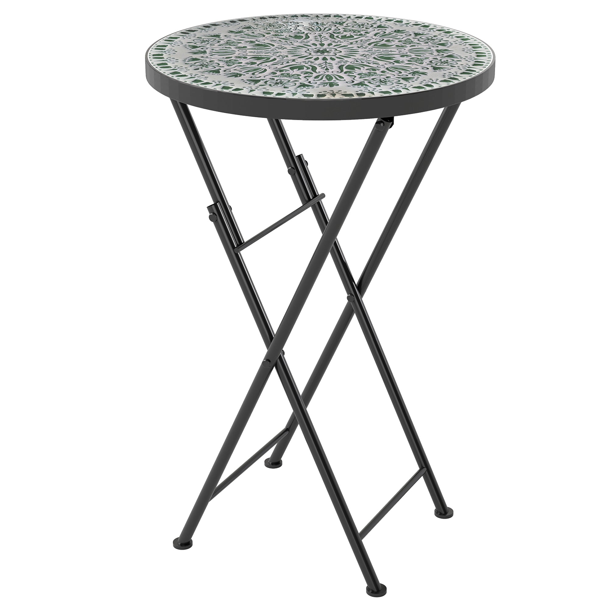 Outsunny Mosaic Outdoor Garden Table, 35.5cm Round Folding Coffee Table with Metal Frame for Balcony Terrace, Green 