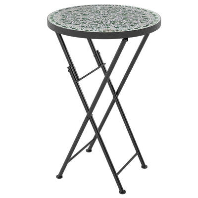 Outsunny Mosaic Outdoor Garden Table, 35.5cm Round Folding Coffee Table with Metal Frame for Balcony Terrace, Green 