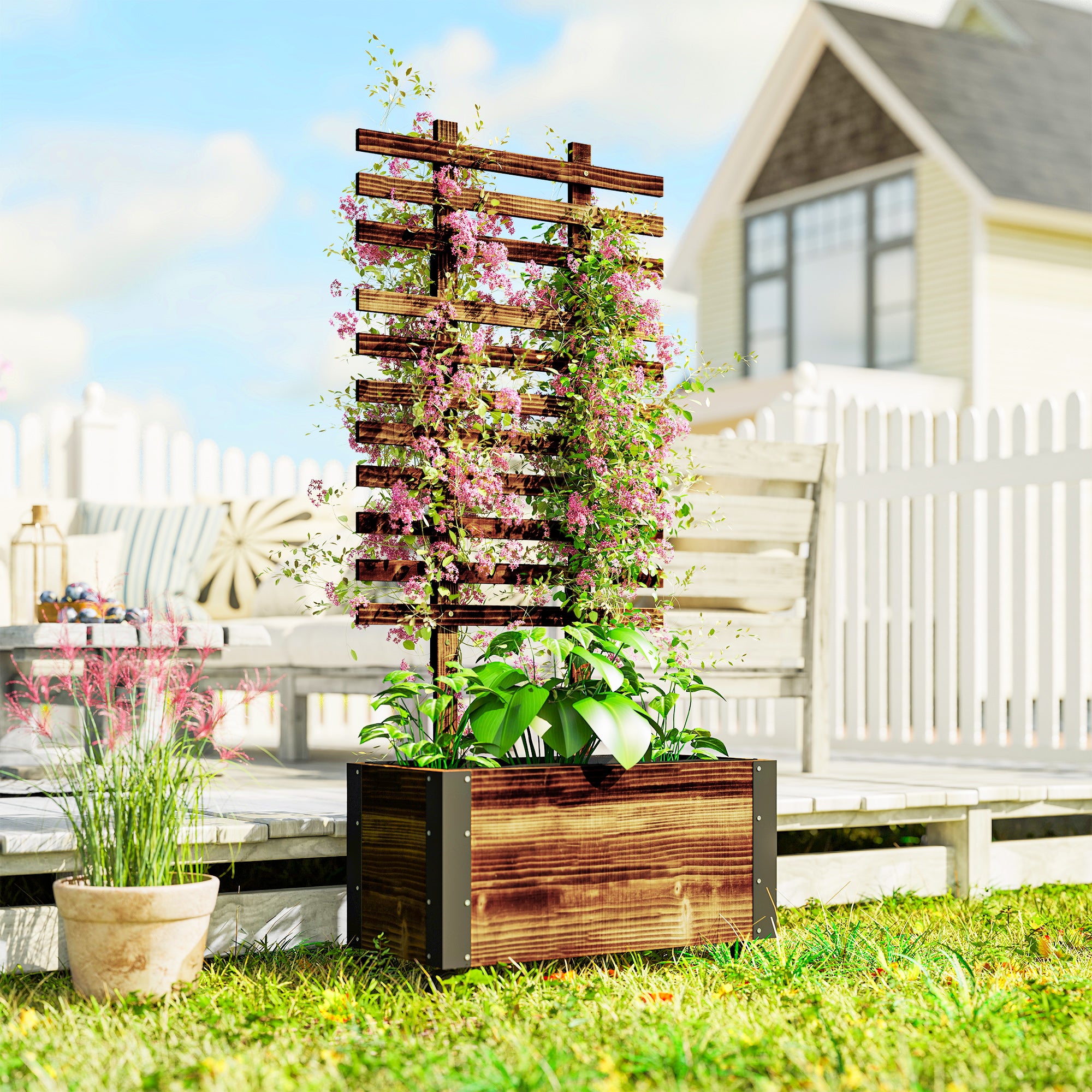 Outsunny Raised Garden Bed with Trellis, Outdoor Wooden Planter Box with Metal Corners and Wheels, Raised Bed for Garden 