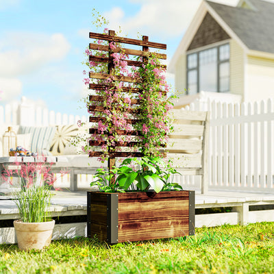 Outsunny Raised Garden Bed with Trellis, Outdoor Wooden Planter Box with Metal Corners and Wheels, Raised Bed for Garden 