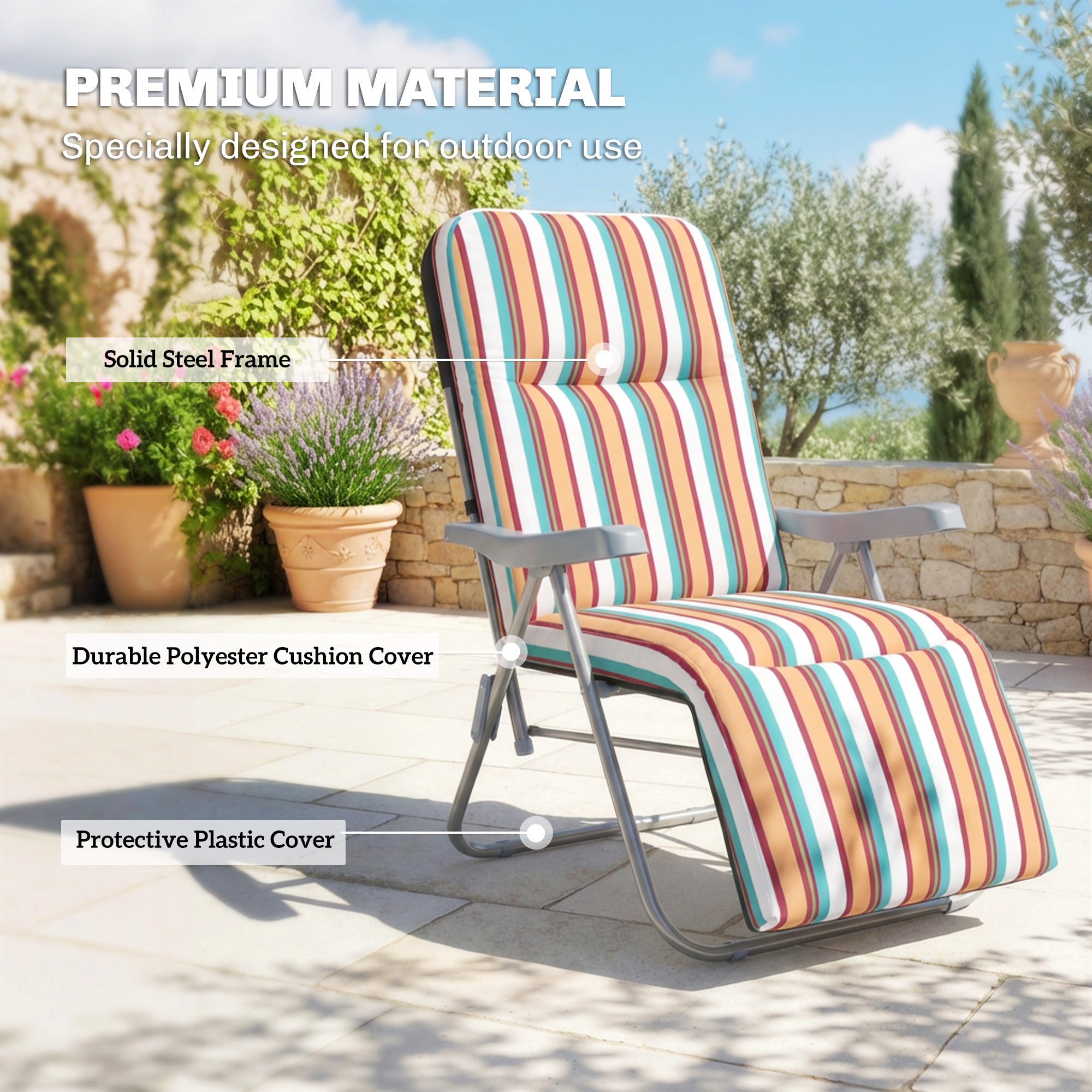 Outsunny Set of 2 Foldable Patio Sun Lounger with Adjustable Backrest and Cushion, Multicoloured 