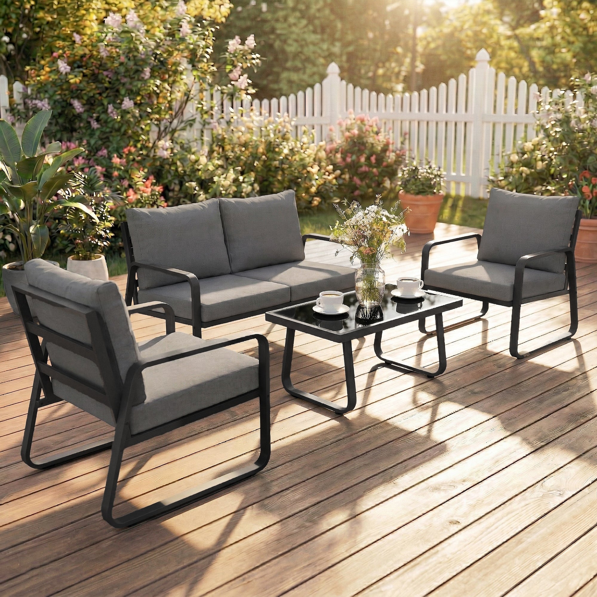 Outsunny 4 Piece Garden Furniture Set, Outdoor Sofa Set with Loveseat, 2 Armchairs, Coffee Table and Cushions 