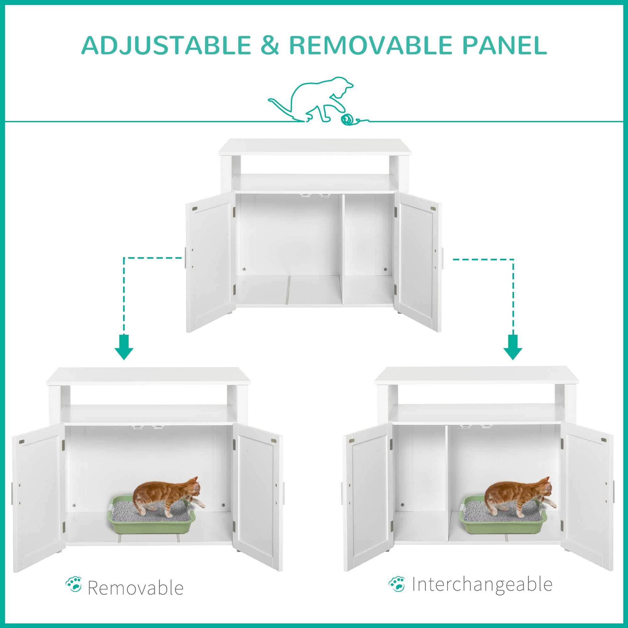 PawHut Wooden Cat Litter Box Enclosure Furniture with Adjustable Interior Wall & Large Tabletop for Nightstand, White 