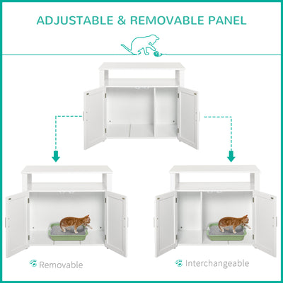 PawHut Wooden Cat Litter Box Enclosure Furniture with Adjustable Interior Wall & Large Tabletop for Nightstand, White 