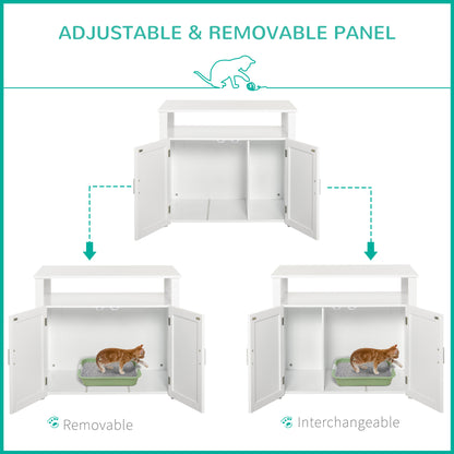 PawHut Wooden Cat Litter Box Enclosure Furniture with Adjustable Interior Wall & Large Tabletop for Nightstand, White 