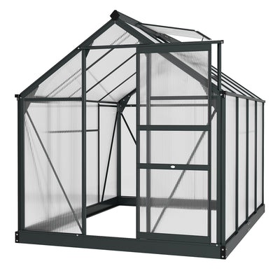 Outsunny 6 x 8ft Polycarbonate Greenhouse, Large Walk-In Green House with Slide Door and Window, Garden Plants Grow House with Aluminium Frame and Foundation, Grey 