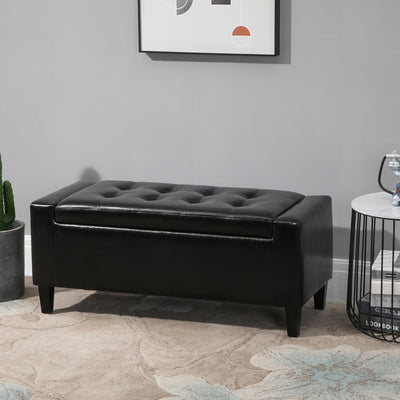 HOMCOM PU Leather Storage Ottoman Bench Storage Chest Tufted Ottoman Cube w/ Flipping Top 92L x 40W x 40H cm Black 