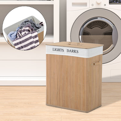 HOMCOM 100L Collapsible Natural Wood  Laundry Hamper Organizer Clothes Washing Basket Bin Storage Box w/Lid Removable Lining 52x32x63cm, Wood Color 