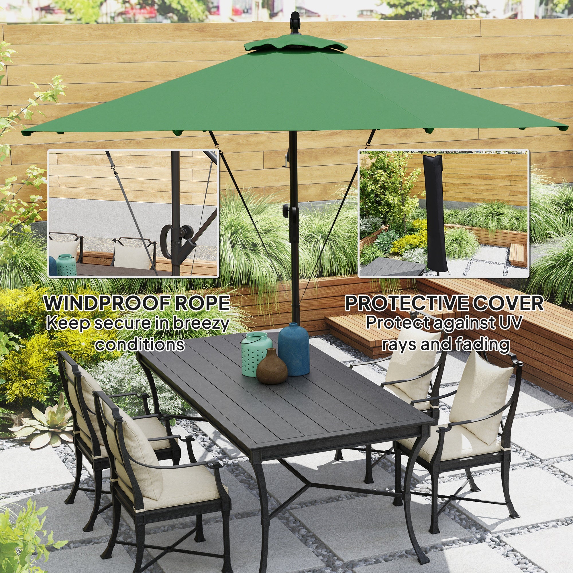 Outsunny 3(m) Garden Cantilever Parasol with Cover and Wind Protection Strap, Round Overhanging Umbrella with Crank Handle and Tilt, Banana Patio Umbrella for Outdoor Sun Shade, UPF50+, Green 