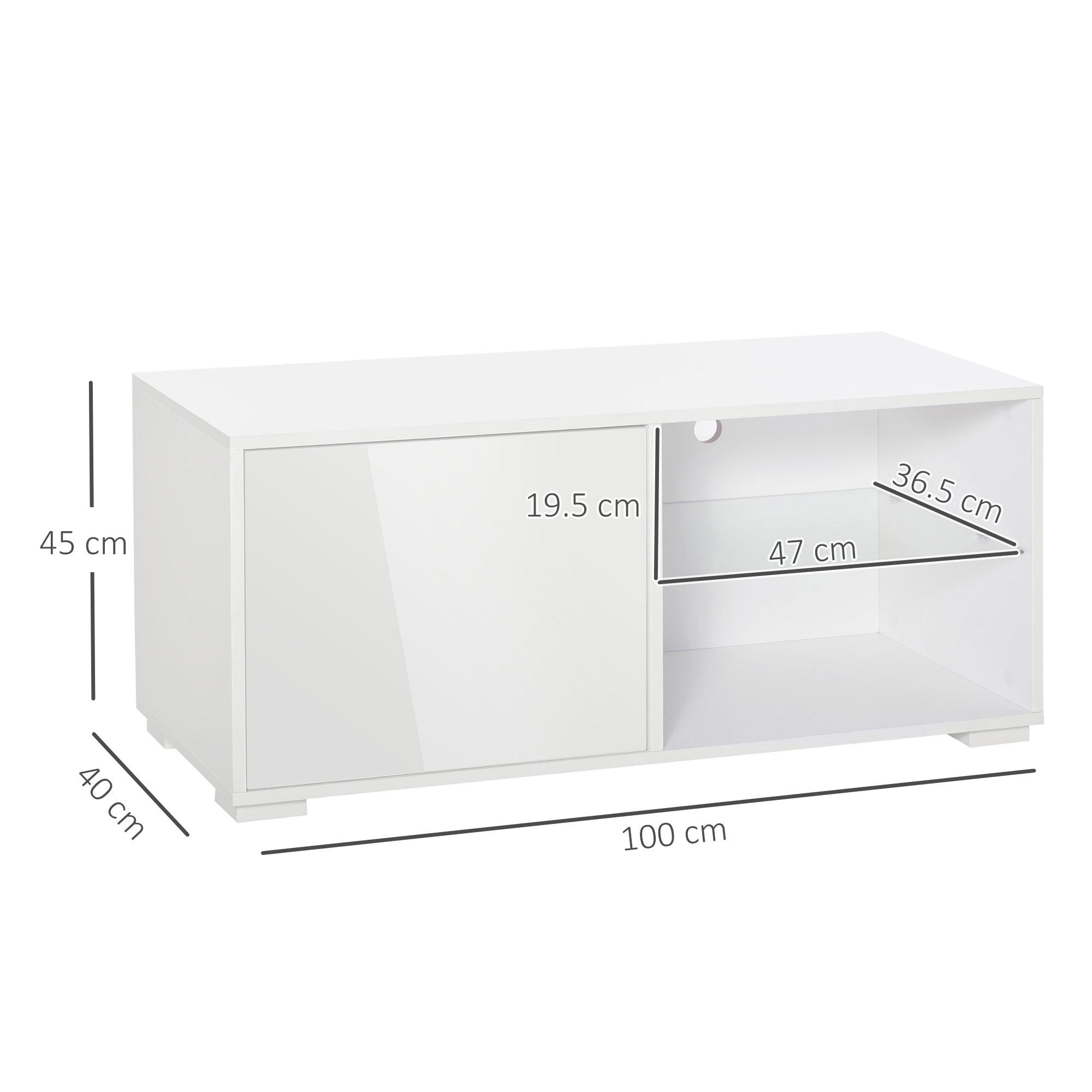 HOMCOM High Gloss TV Stand Storage Cabinet with 2 Shelves for Living Room Home Furniture White 
