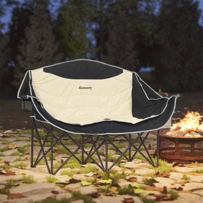 Outsunny Double Camping Chair for Adults, Oversized Heavy Duty Padded Folding Chair with Armrests, Cup Holders and Carry Bag for Outdoor Camping Hiking Picnic Fishing, 250kg Capacity, Khaki 