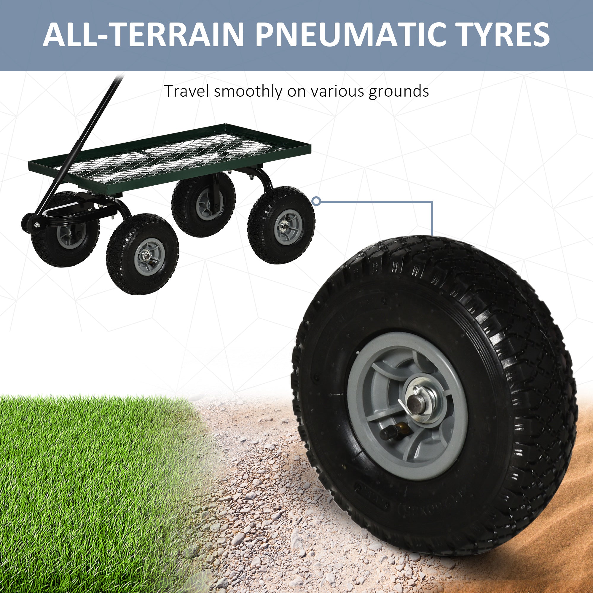 Outsunny Garden Trolley Cart, Heavy Duty Garden Cart with Metal Frame, 10" Pneumatic Wheels, Rotating Handle, 150kg Capacity, for Garden, Farm, Green 