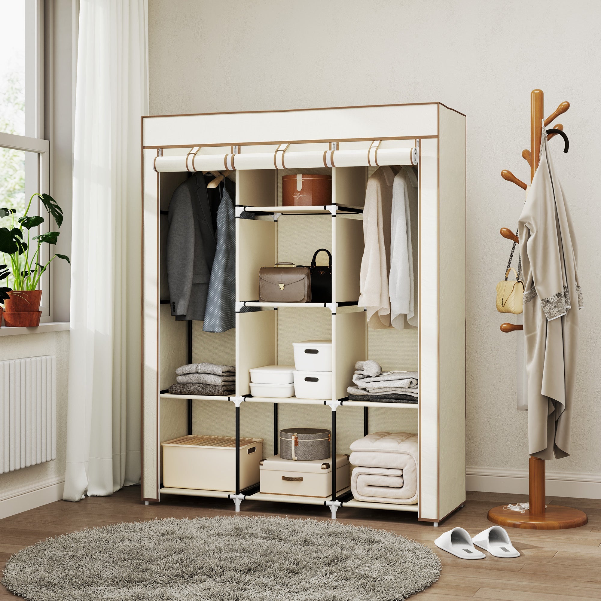 HOMCOM Fabric Wardrobe, Portable Wardrobe, Clothes Storage Unit with 8 Shelves, 2 Hanging Rods, 125 x 43 x 162.5 cm, Cream White 