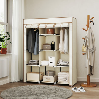 HOMCOM Fabric Wardrobe, Portable Wardrobe, Clothes Storage Unit with 8 Shelves, 2 Hanging Rods, 125 x 43 x 162.5 cm, Cream White 