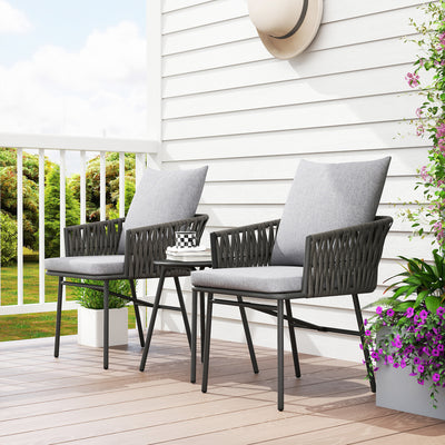 Outsunny 3-Piece Rattan Bistro Set, Garden Table and Chairs with 4 Cushions, Patio Rattan Conversation Furniture Set for Balcony, Porch, Terrace, Grey 