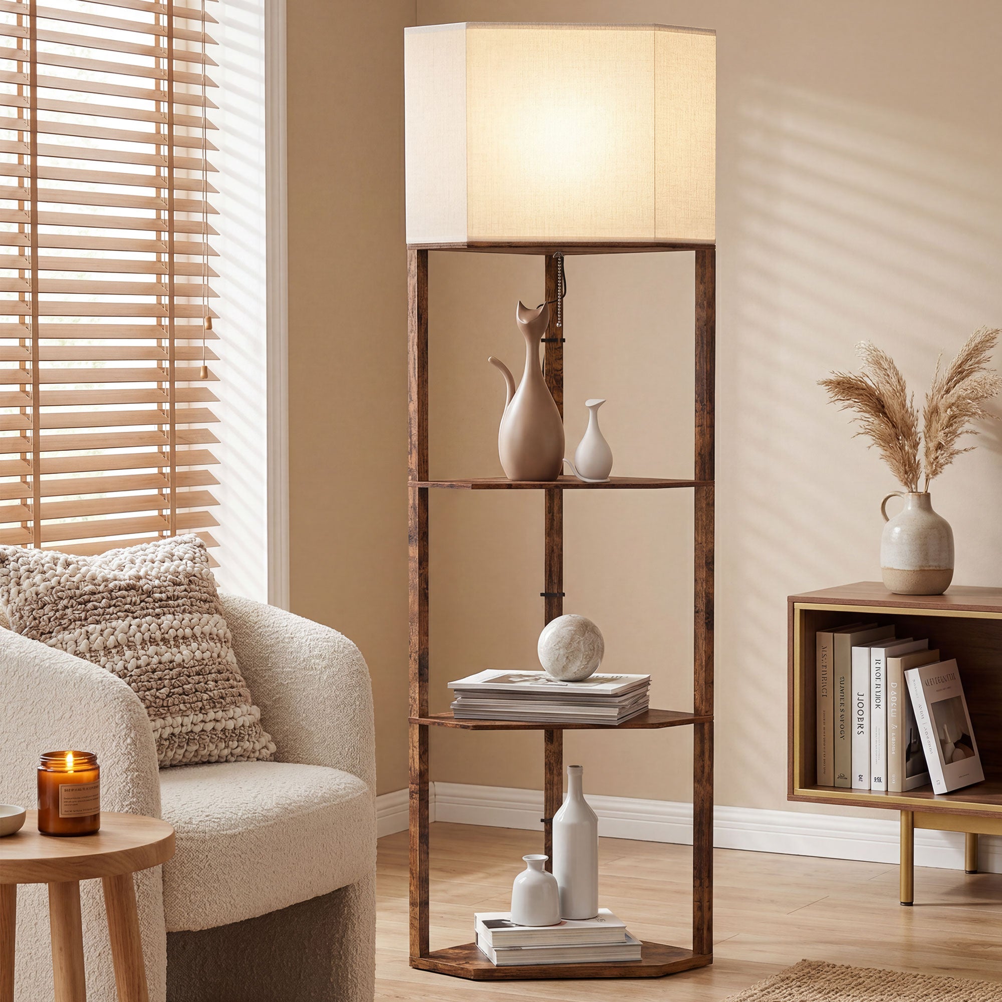 HOMCOM Corner Floor Light, with Shelves - Wood-Effect 