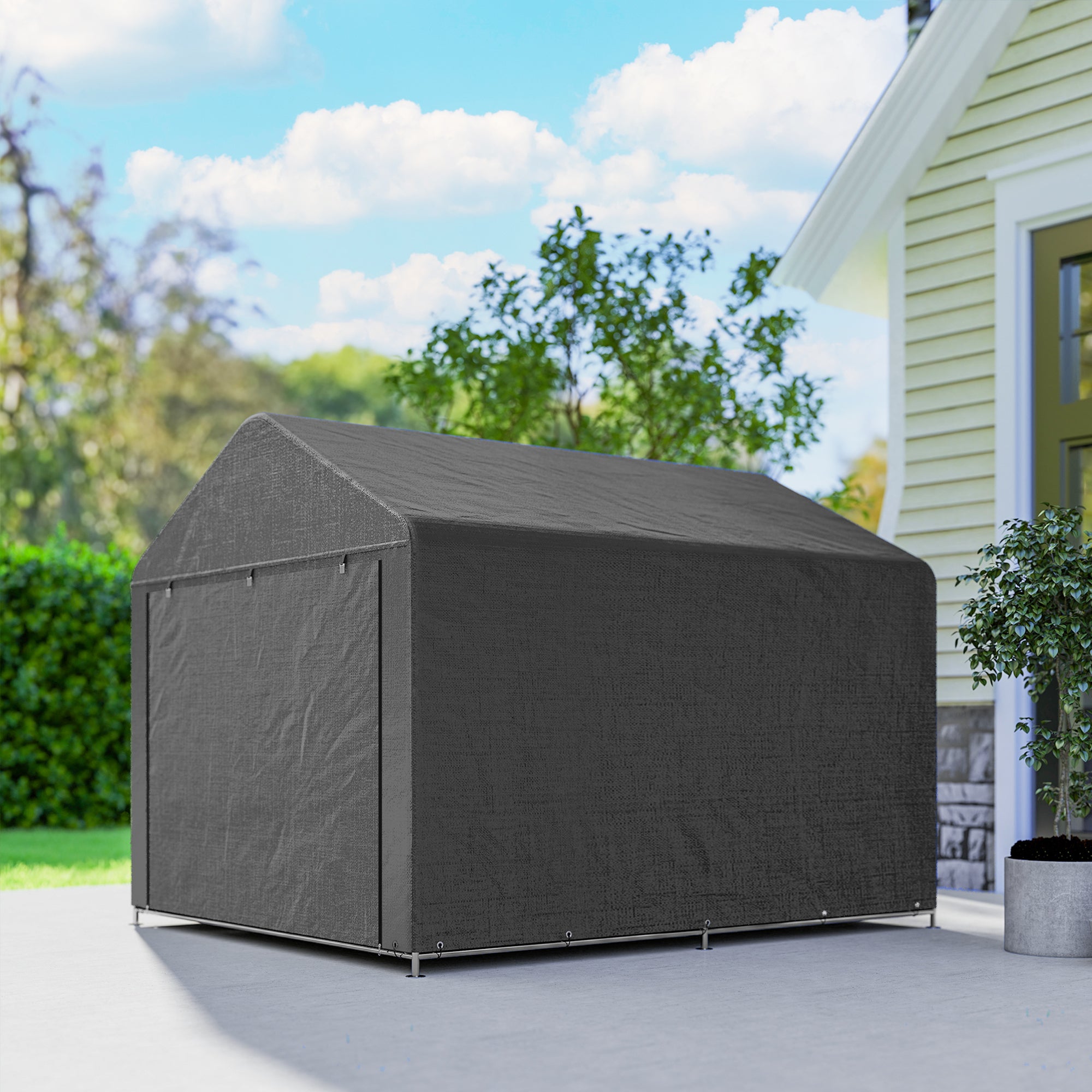 Outsunny 6.6 x 7.8ft Outdoor Garden Storage Shed, Waterproof Bike Tent with Roll-up Zipper Door, Galvanised Metal Frame, Portable Shed Shelter Carport for Motorcycle Garden Tools, Dark Grey 