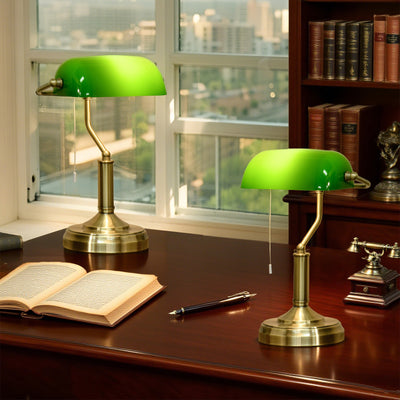 HOMCOM Banker's Table Lamps Set of 2, Desk Lamps with Antique Bronze Tone Base, Green Glass Shade and Pull Rope Switch for Home Office, Living Room, Bedroom, Dining Room, Green 