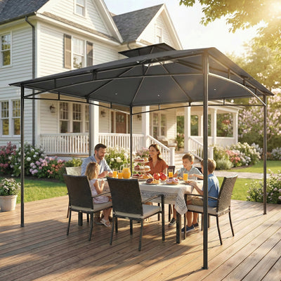 Outsunny 3 x 3 m Gazebo, Garden Gazebo with 2-Tier Roof, Metal Frame, Dark Grey 