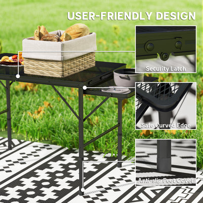 Outsunny Folding Grill Table, 4.5ft Portable Camping Table with 2 Wing Panels, Height Adjustable Metal Picnic Table for Camping, Picnic and BBQ, Black 