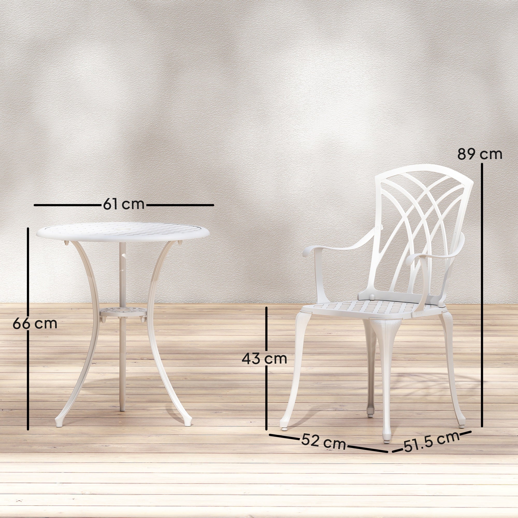 Outsunny 3 Pieces Garden Bistro Set, Cast Aluminium Outdoor Dining Set with 2 Chairs and Round Table with Parasol Hole, White 