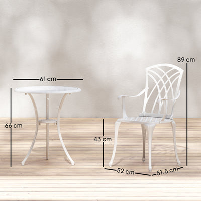 Outsunny 3 Pieces Garden Bistro Set, Cast Aluminium Outdoor Dining Set with 2 Chairs and Round Table with Parasol Hole, White 