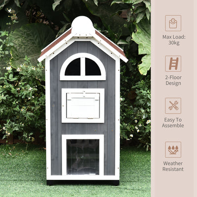 PawHut Wooden Cat House, Weatherproof Pet Shelter, Outdoor Cat Condos Cave, 2 Floor Furniture, Grey and White 