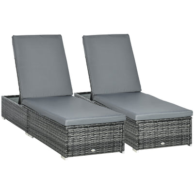 Outsunny PE Rattan Sun Loungers set of 2 with Cushion, Outdoor 2 Pieces Garden Sunbed Furniture with 5-Level Recliner Backrest, Reclining Patio Wicker Bed Chair, Grey 