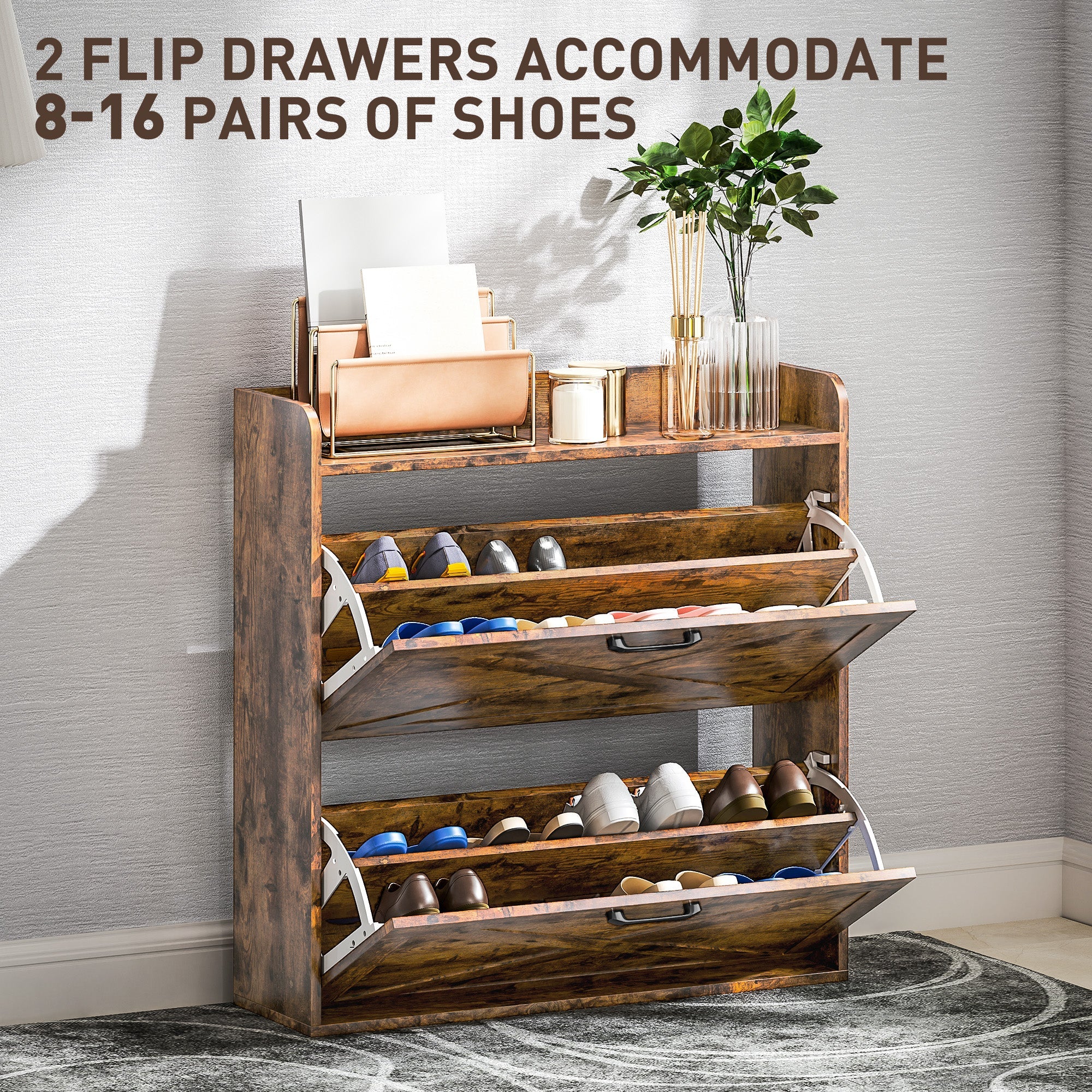 HOMCOM Two Flip Drawer Narrow Shoe Cabinet with Adjustable Shelves - Rustic Brown 