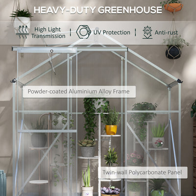 Outsunny 6 x 2.5ft Polycarbonate Greenhouse Walk-In Green House with Rain Gutter, Sliding Door, Window, Foundation, Silver 