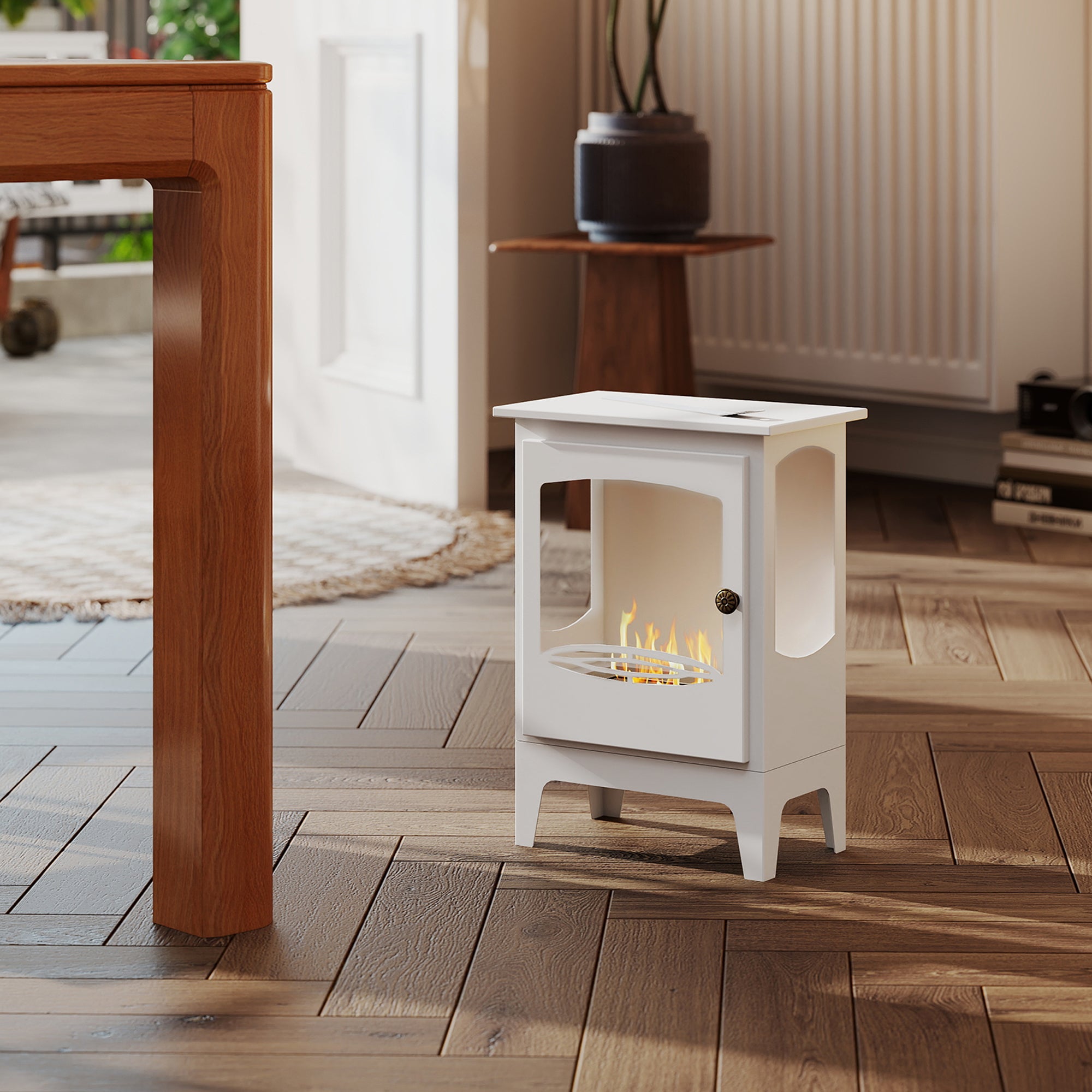 HOMCOM Freestanding Ethanol Fireplace, Steel Bioethanol Fireplace with Stainless Steel Flame Snuffer, 1.2L Tank, 3 Hours Burning Time for Indoor, White