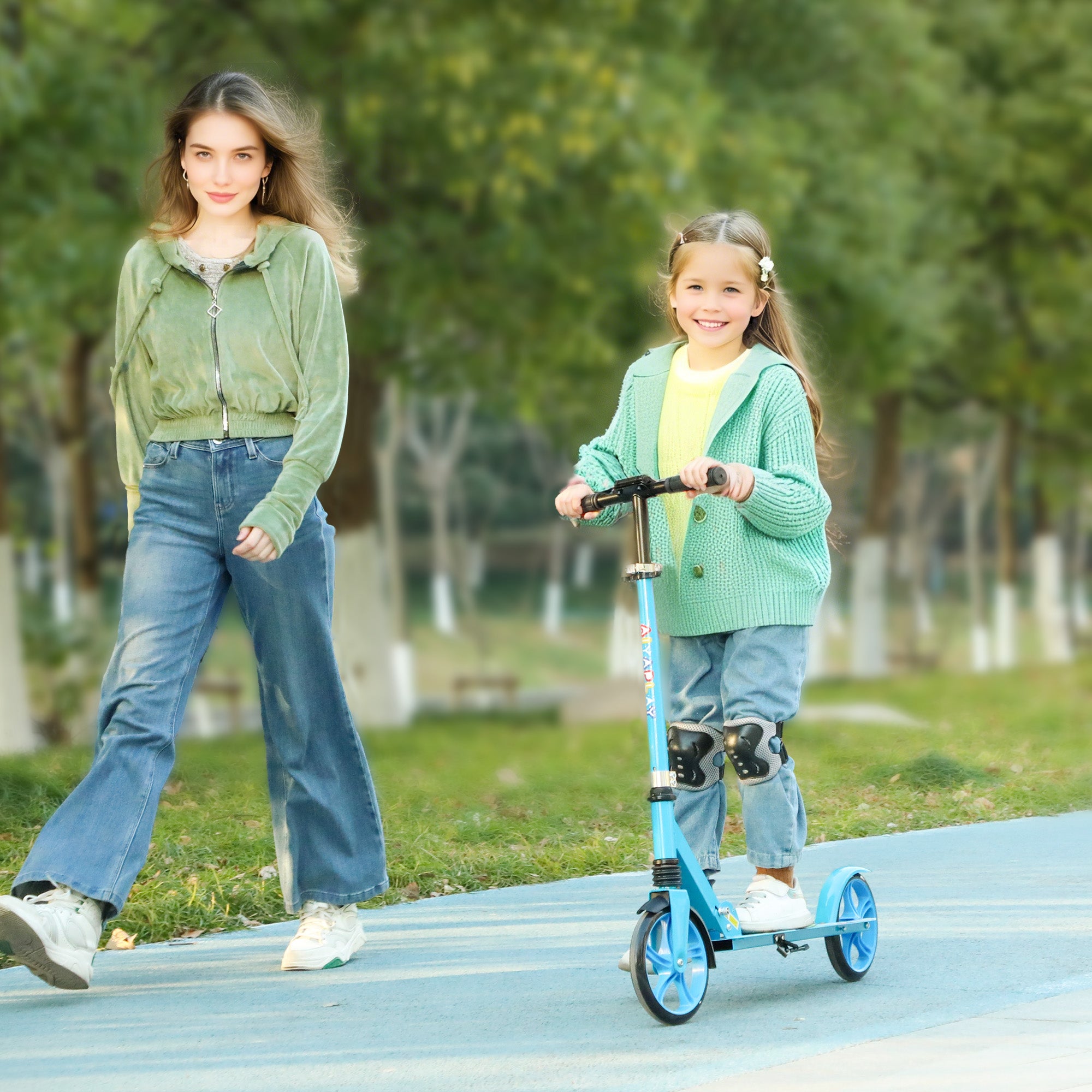 AIYAPLAY Foldable Kids Scooter with Adjustable Handlebar, 200mm Big Wheel, Rear Fender Brake, for Ages 6-12 Years, Blue 