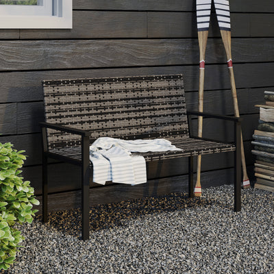 Outsunny 2 Seater Rattan Garden Bench, Outdoor Bench with Quick-Drying Cotton Padding, Wicker Garden Loveseat with Armrests, Steel Frame for Patio, Park, Mixed Grey 