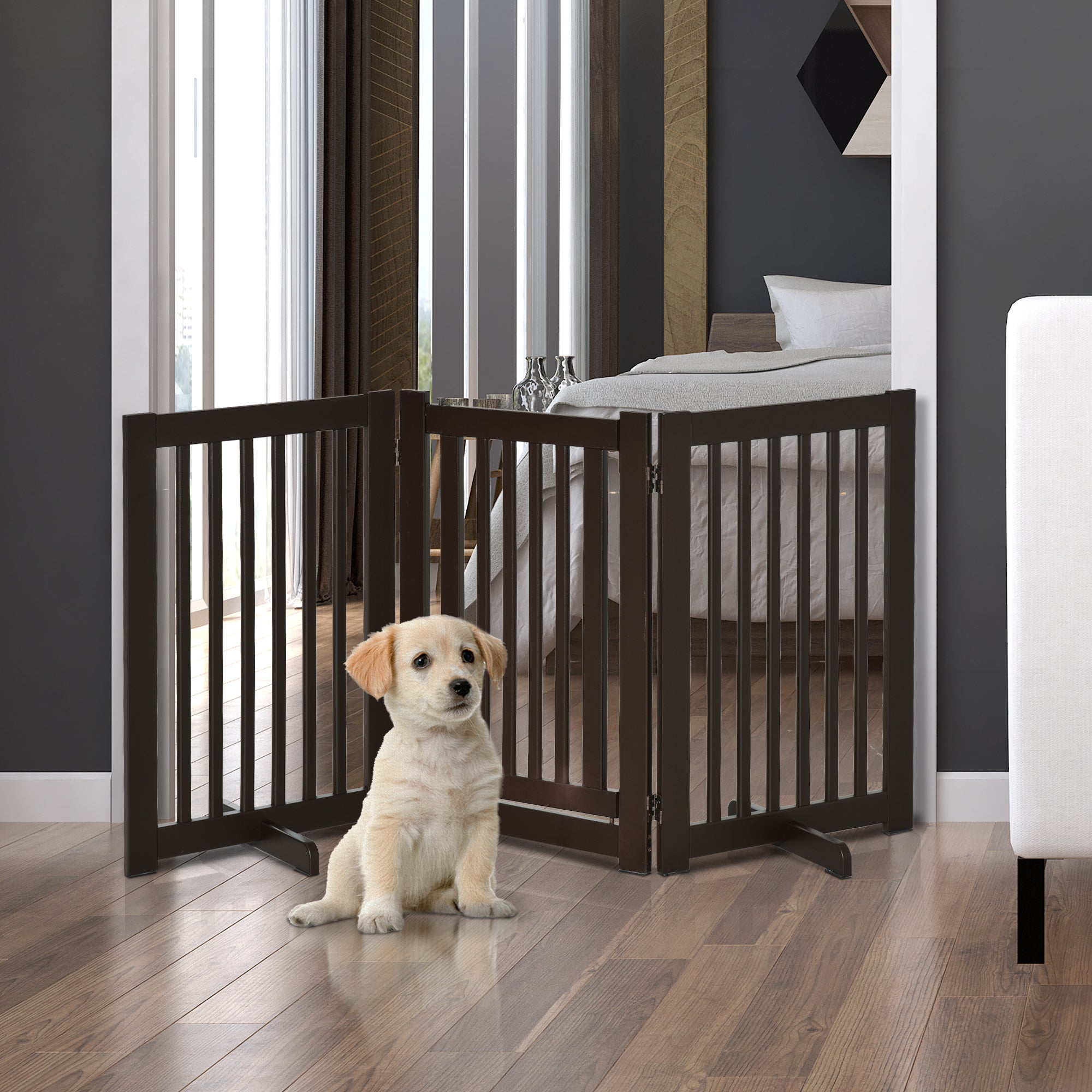 PawHut Freestanding Dog Gate, Foldable Pet Fence, Indoor Barrier, Stair Gate with Support Feet, 155 x 76 cm, Brown 